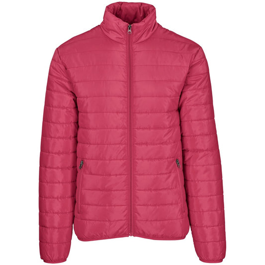 Pink puffer jacket on a white background

