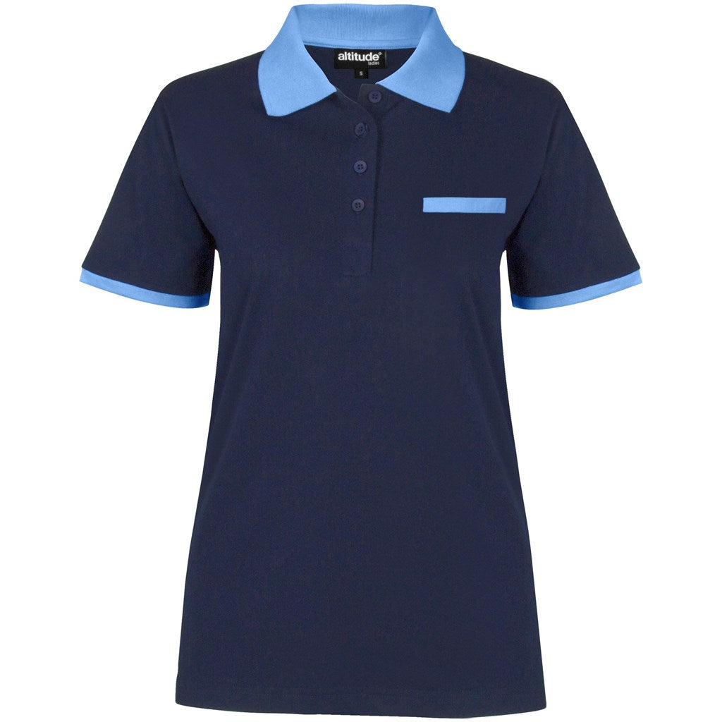 Navy blue polo shirt with light blue collar and trim on a white background

