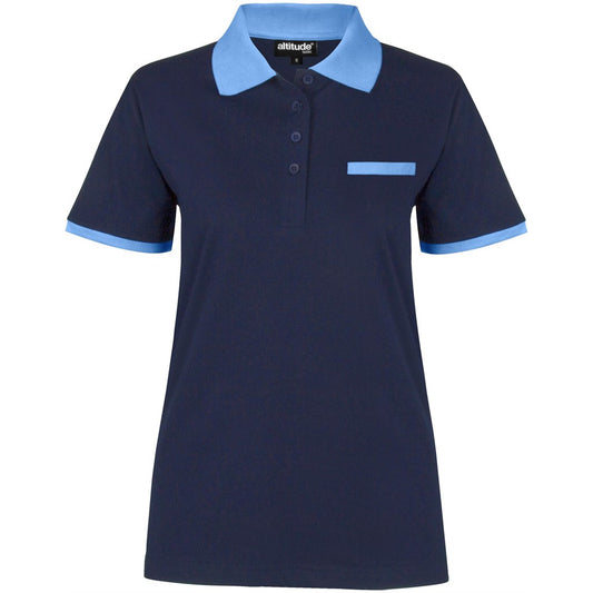 Navy blue polo shirt with light blue collar and trim on a white background

