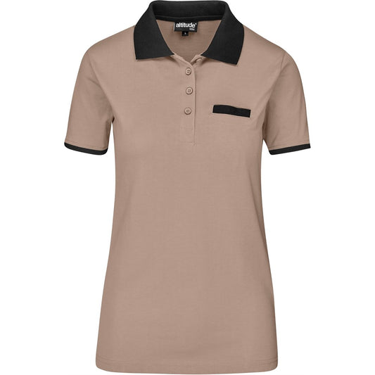 Beige polo shirt with black collar and trim on a white background

