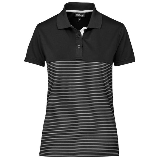 Black polo shirt with white stripe design on a white background

