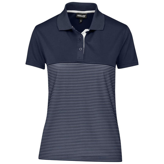 Navy polo shirt with white stripes on a white background

