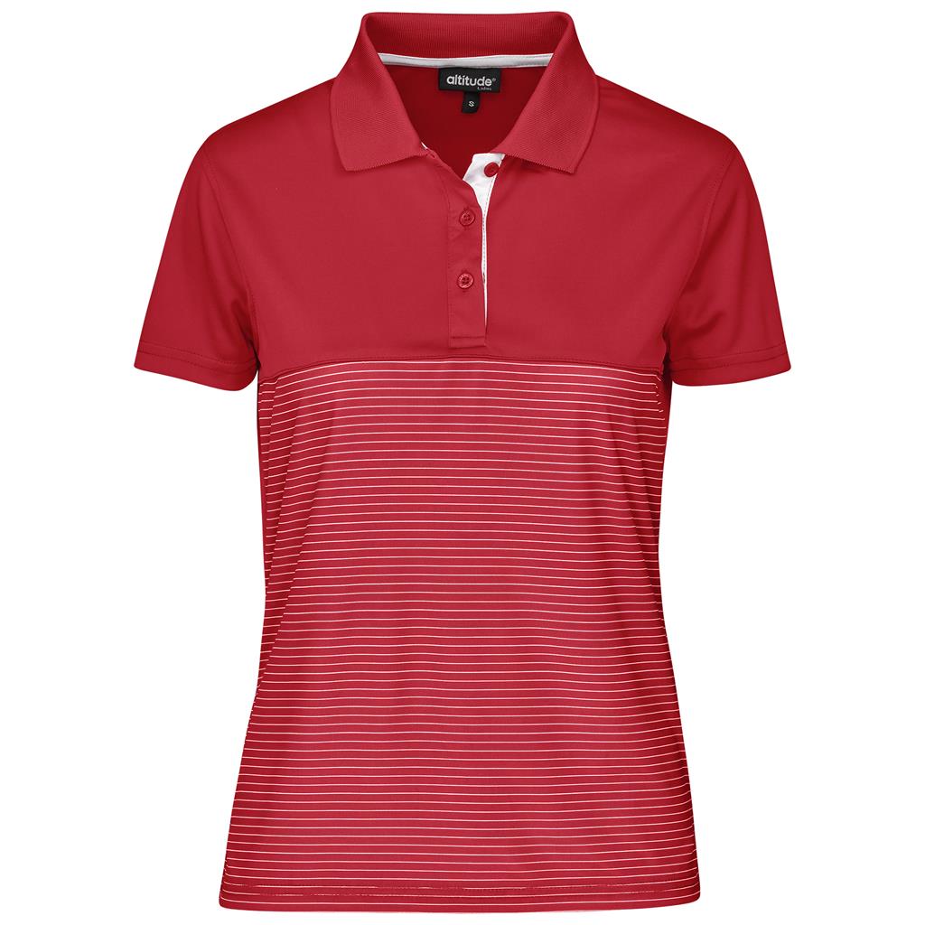 A red short-sleeve polo shirt with a solid red upper chest and collar, and thin horizontal white stripes across the lower torso, shown on a plain white background.

