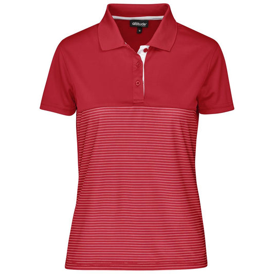 A red short-sleeve polo shirt with a solid red upper chest and collar, and thin horizontal white stripes across the lower torso, shown on a plain white background.

