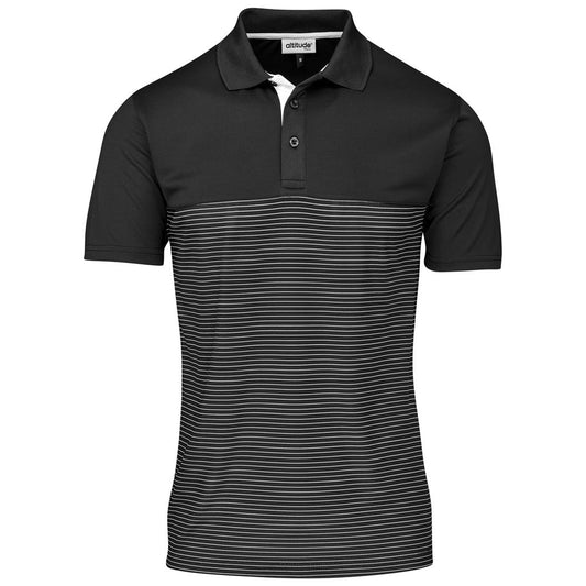 Black and gray striped polo shirt on a white background

