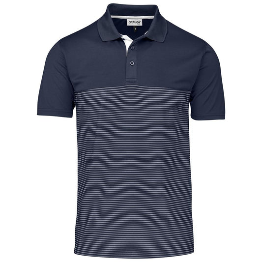 Navy blue polo shirt with white stripes on a white background

