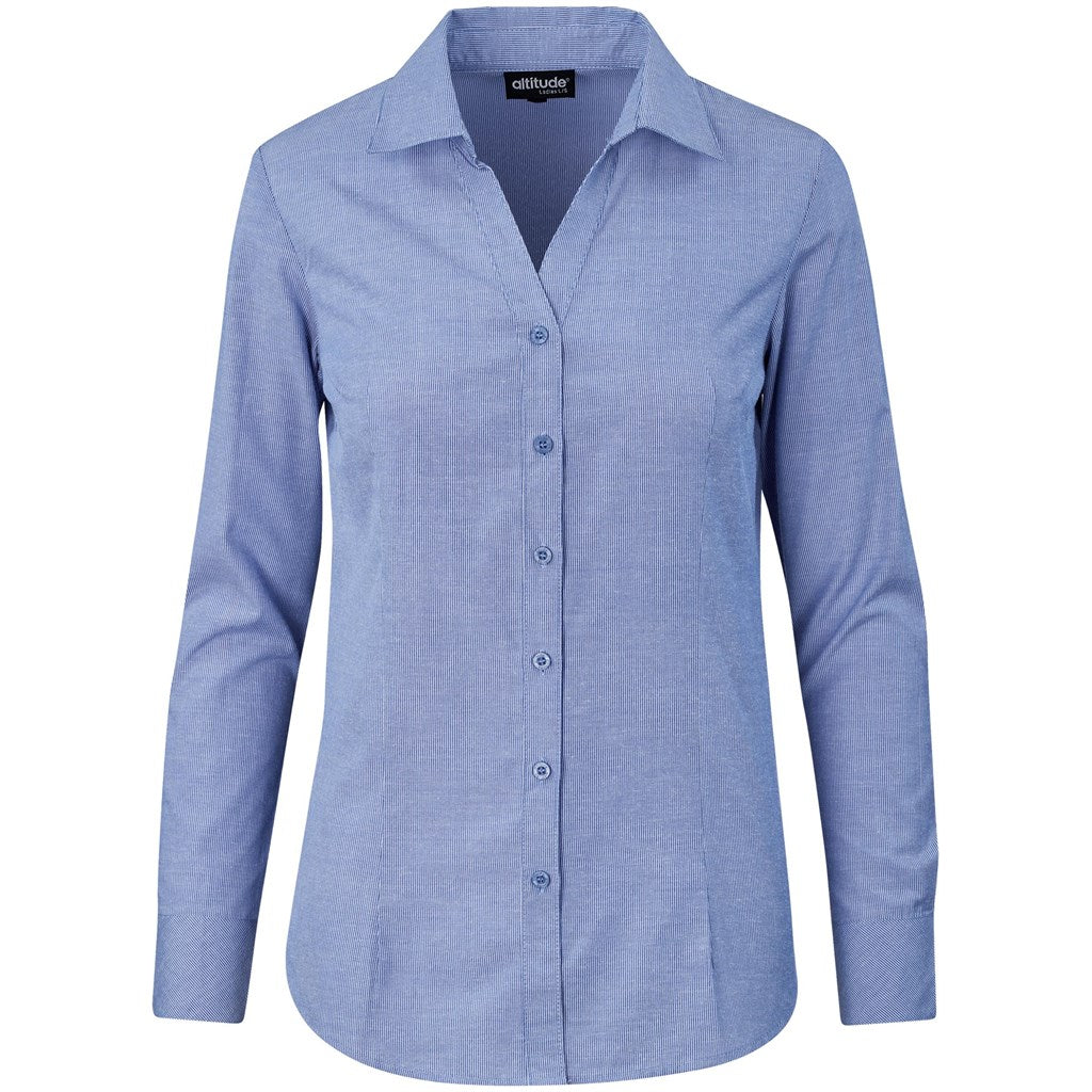 Blue button-up shirt on a white background

