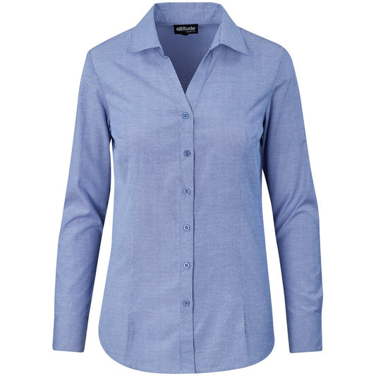 Blue button-up shirt on a white background


