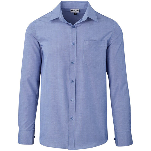 Blue button-up shirt on a white background

