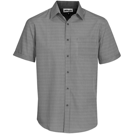 Gray short-sleeve shirt with a subtle pattern on a white background

