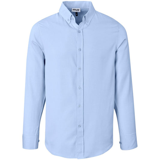Light blue button-up shirt on a white background

