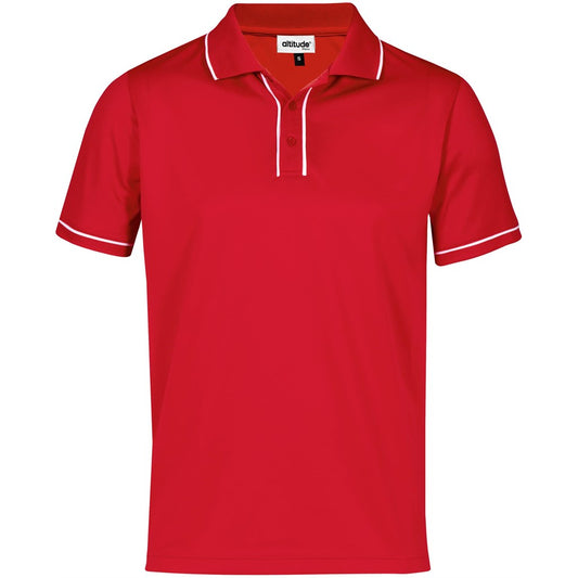 Red polo shirt with white accents on a white background

