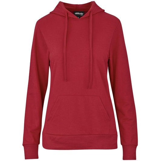 Red hoodie with a brand logo on a white background

