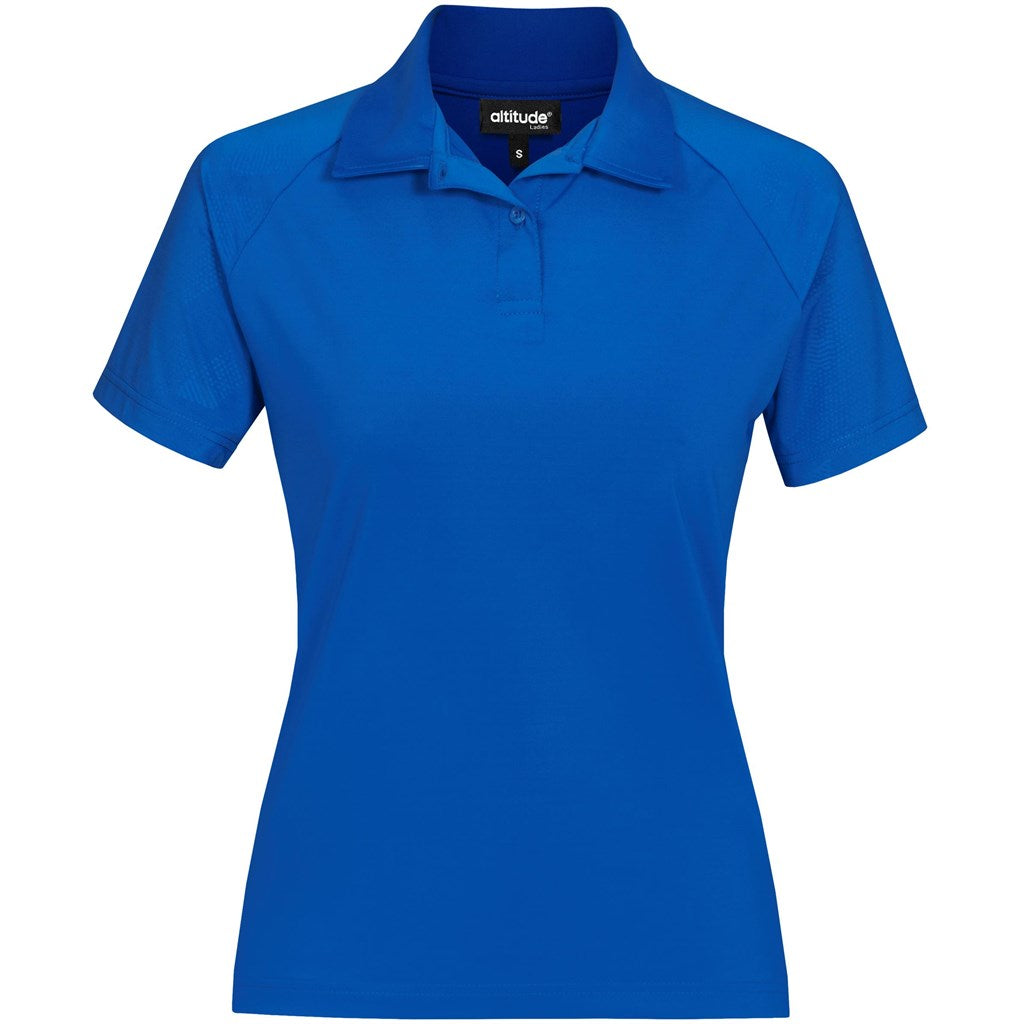 Blue polo shirt with 'attitude' branding on a white background

