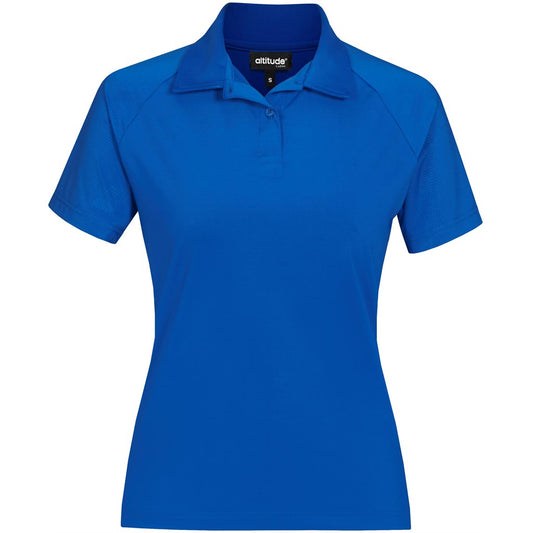Blue polo shirt with 'attitude' branding on a white background

