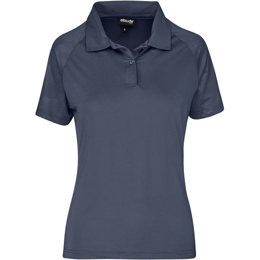 Navy blue polo shirt with a brand logo on a white background

