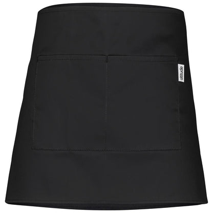 Black apron with a visible brand logo on a white background