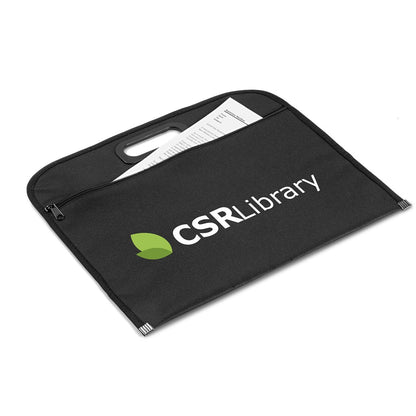 A black document pouch with a handle and a front pocket displaying the white 'CSRLibrary' logo and a green leaf icon, with a sheet of paper partially tucked inside, on a white background.

