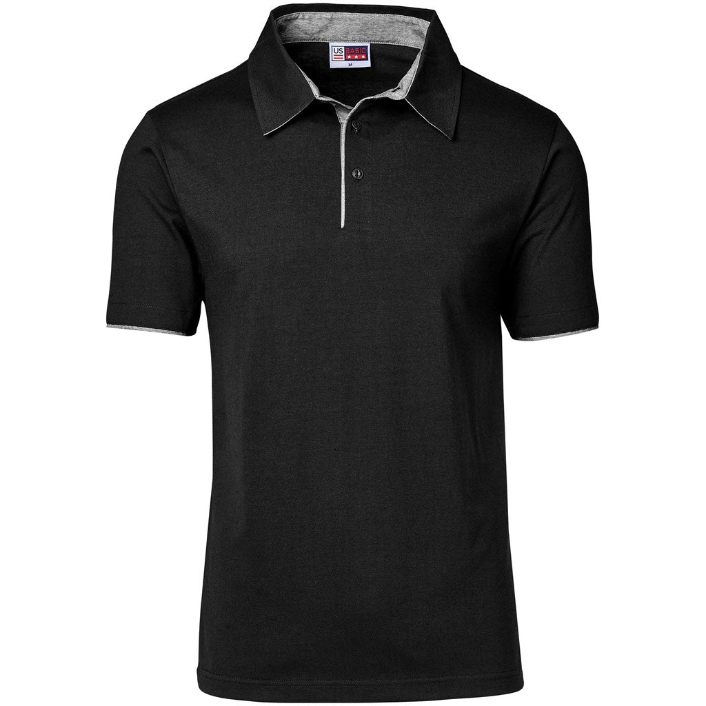 Black polo shirt with gray collar on a white background

