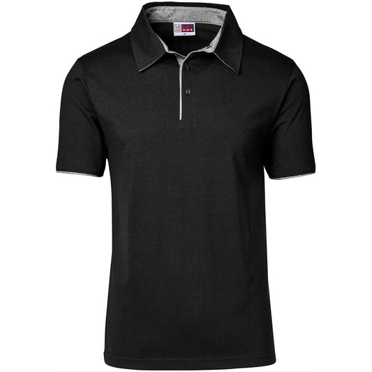 Black polo shirt with gray collar on a white background

