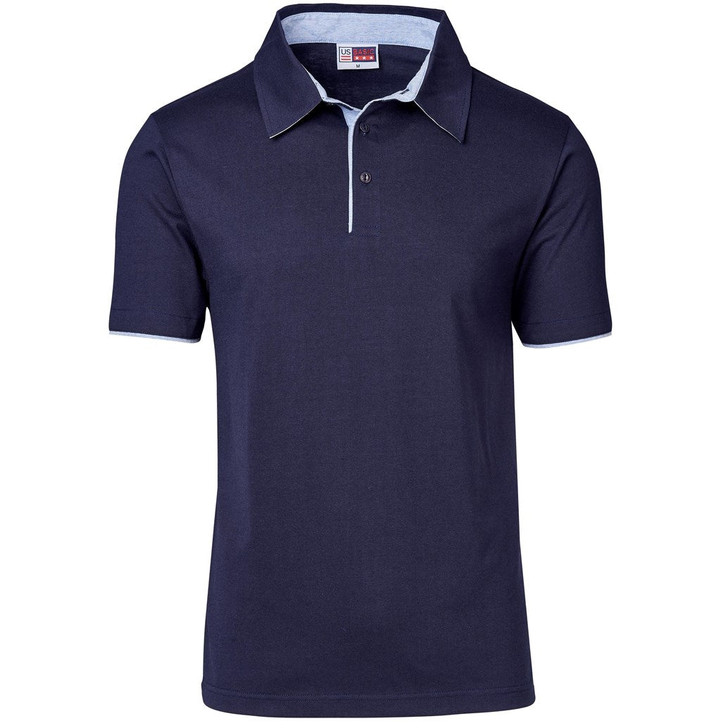 Navy blue polo shirt with a white collar on a white background

