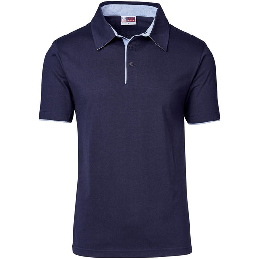 Navy blue polo shirt with a white collar on a white background


