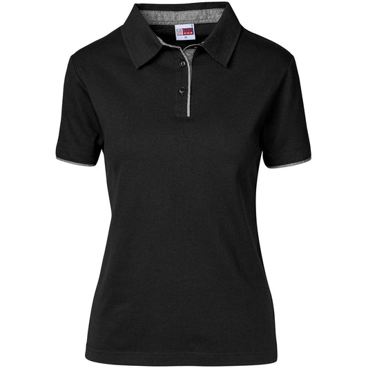 Black polo shirt with gray collar on a white background

