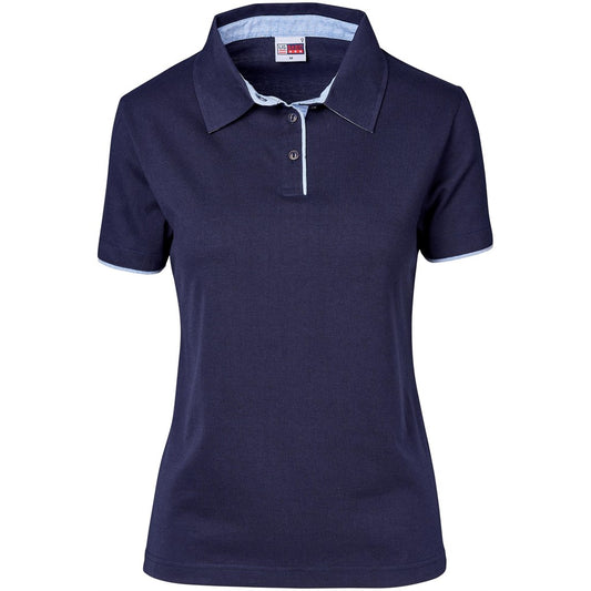 Navy blue polo shirt with white trim on a white background


