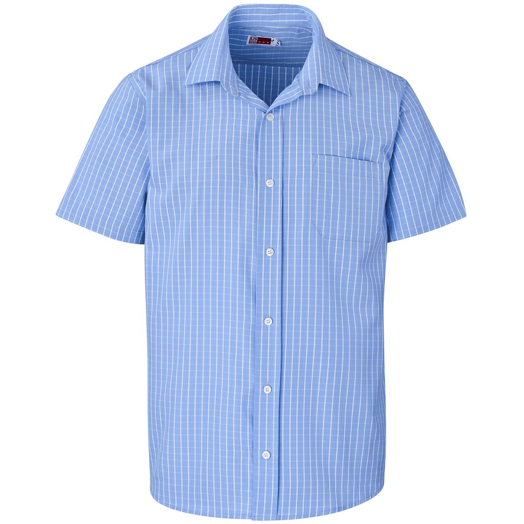 Blue checkered short-sleeve shirt on a white background

