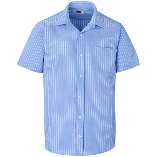 Blue checkered short-sleeve shirt on a white background

