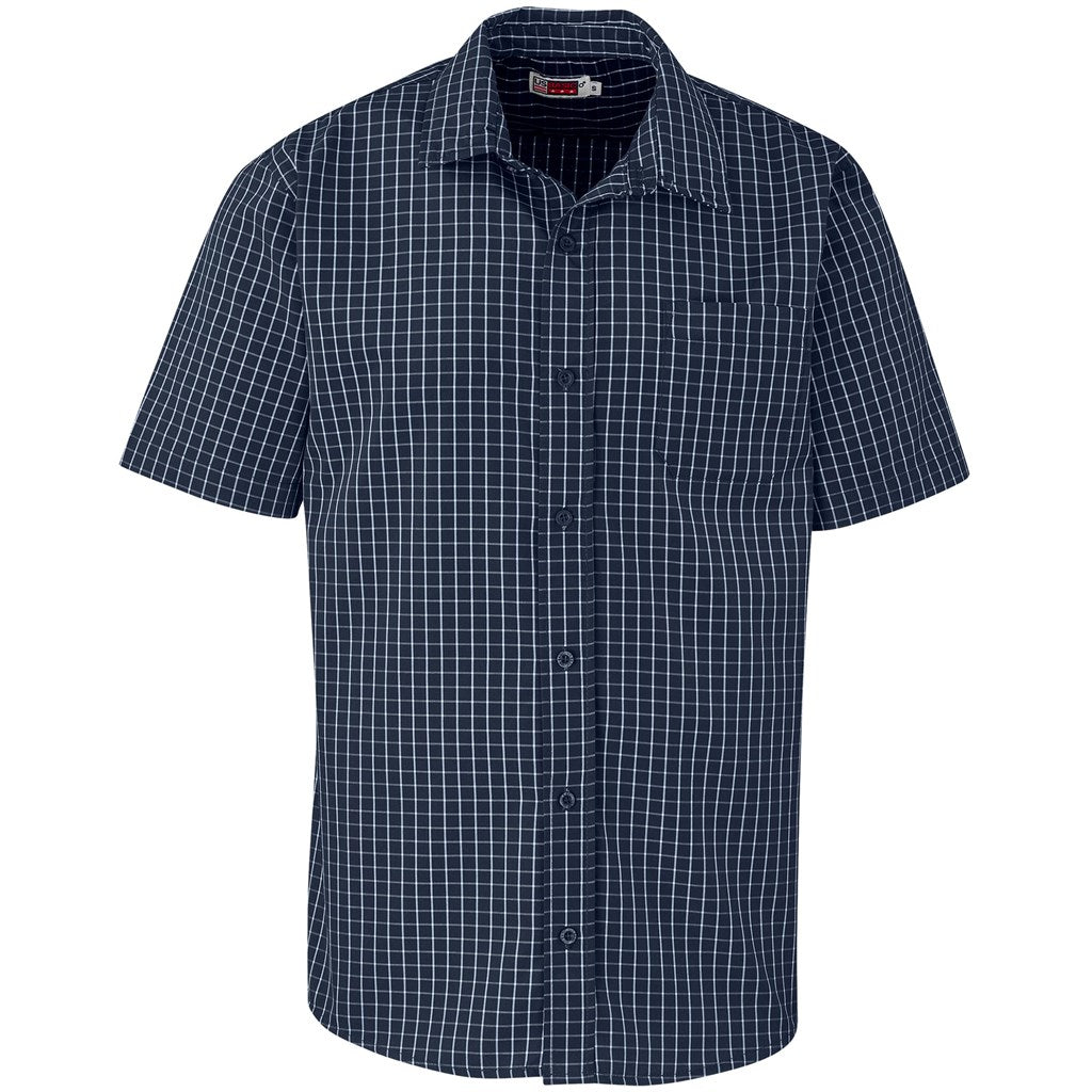 Navy checkered short-sleeve shirt on a white background

