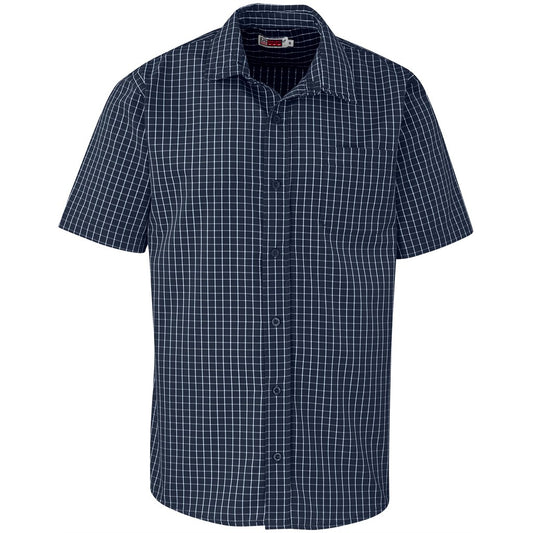 Navy checkered short-sleeve shirt on a white background


