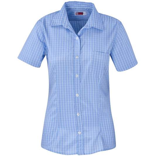 Blue checkered short-sleeve shirt on a white background

