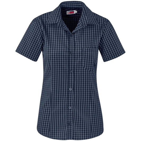 Navy checkered shirt with short sleeves on a white background

