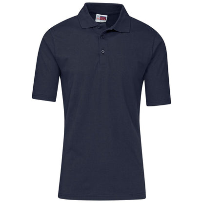 A dark navy blue short-sleeve polo shirt with a three-button placket, displayed on a clean white background.

