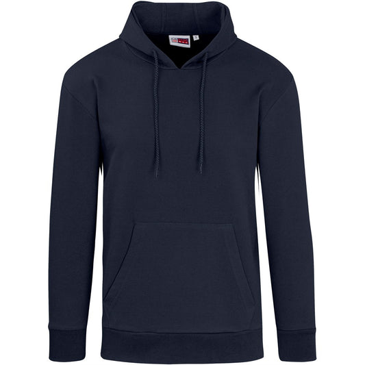 Navy blue hoodie with a brand logo on a white background

