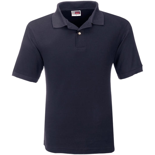 Navy blue polo shirt on a white background

