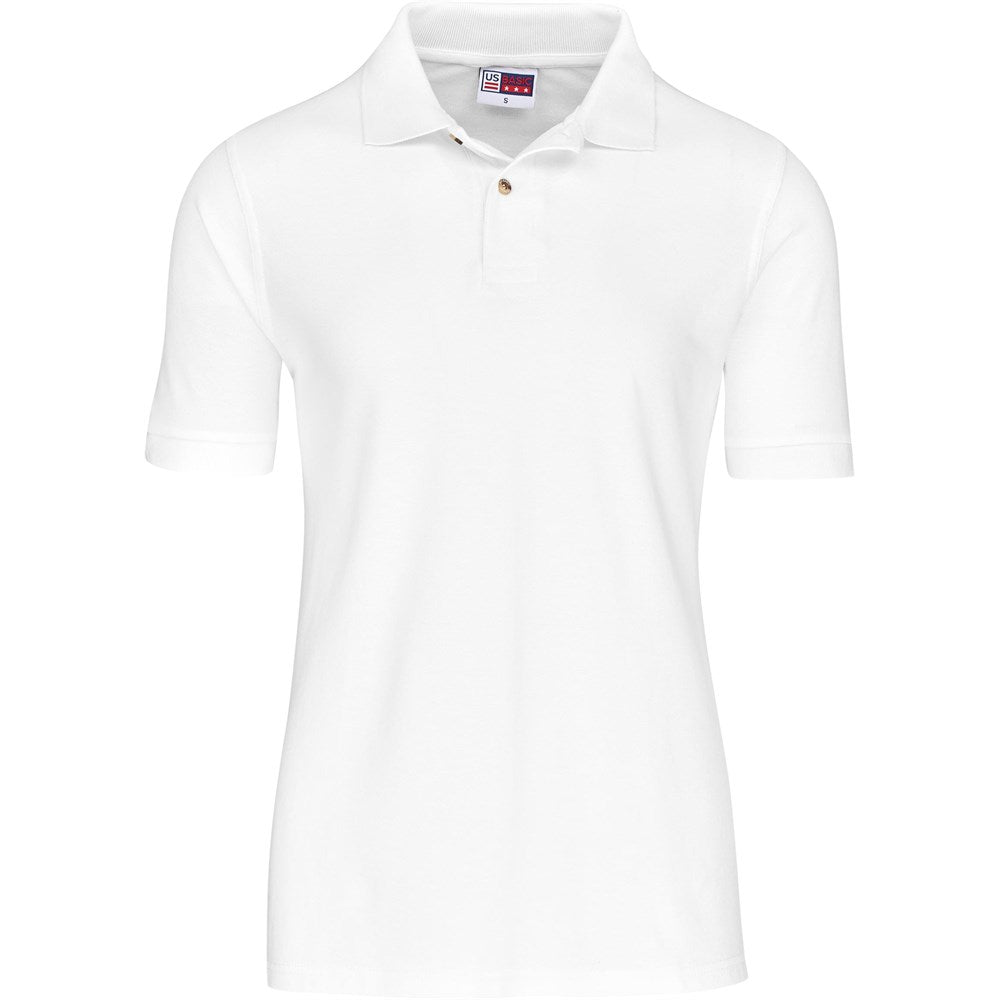 A white short-sleeve polo shirt with a classic collar and a two-button placket, shown on a clean white background.

