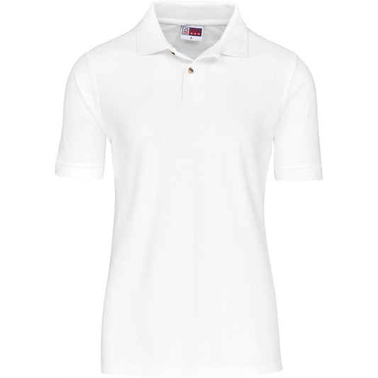 A white short-sleeve polo shirt with a classic collar and a two-button placket, shown on a clean white background.

