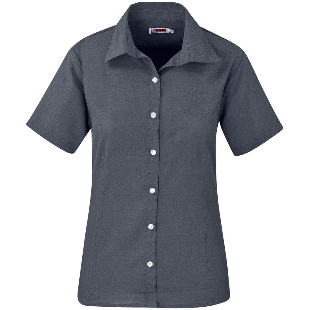 Gray short-sleeve button-up shirt on a white background

