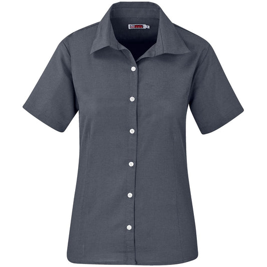 Gray short-sleeve button-up shirt on a white background

