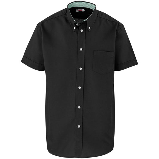 Black short-sleeve shirt with white buttons on a white background

