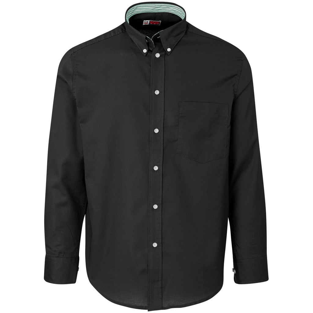 Black button-up shirt on a white background

