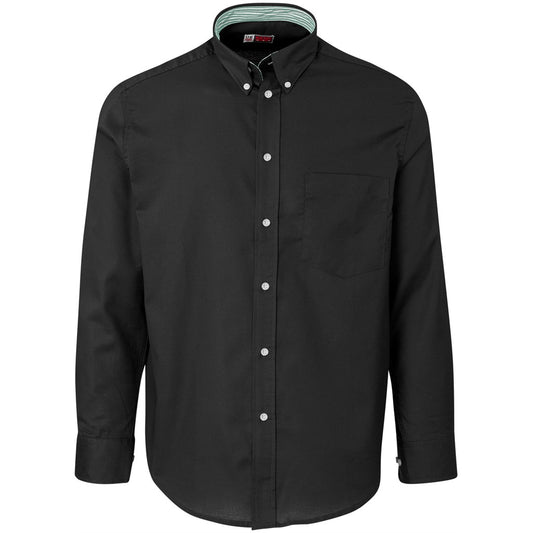 Black button-up shirt on a white background

