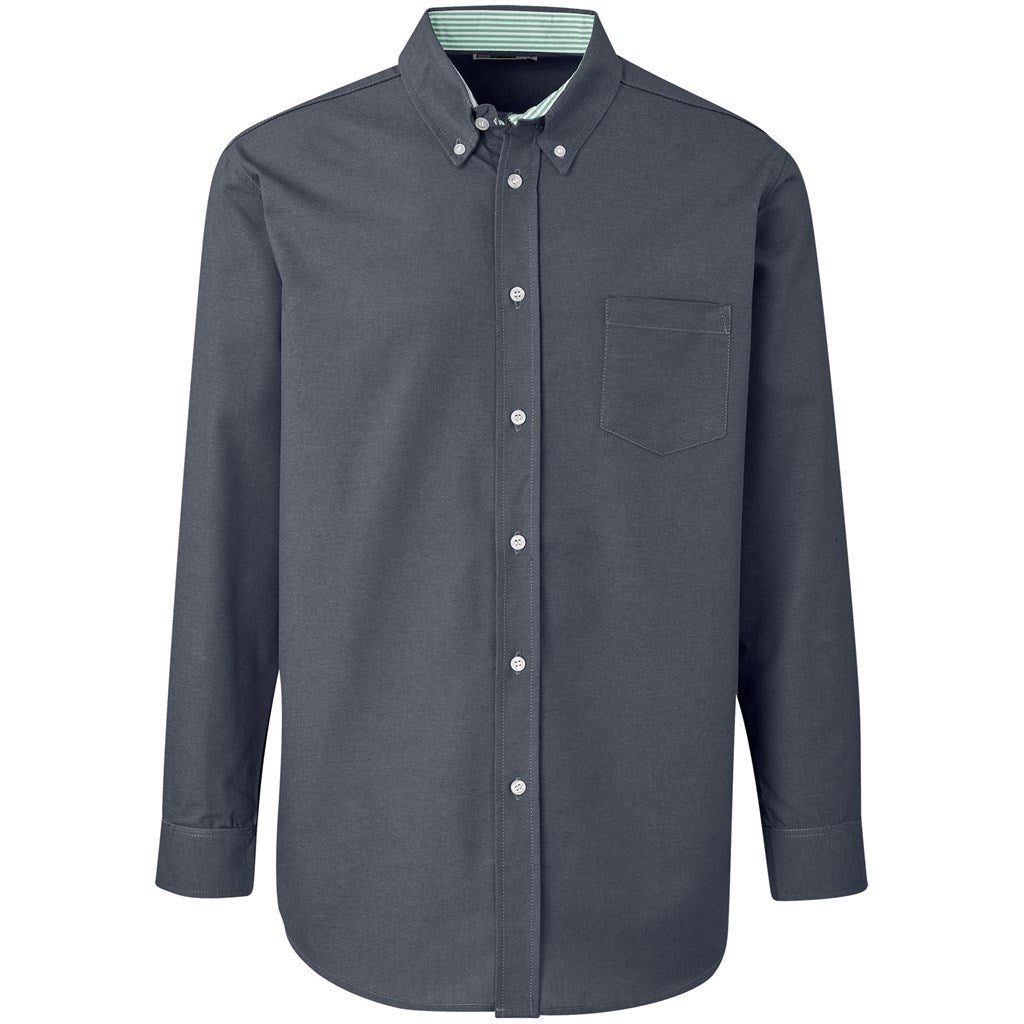 A dark gray long-sleeve button-down shirt with a chest pocket, shown on a clean white background.

