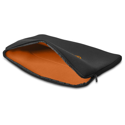 Black laptop sleeve with orange interior on a white background

