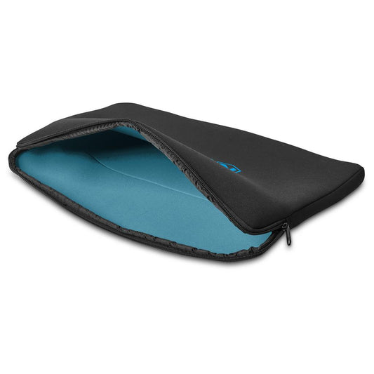 Black laptop sleeve with blue interior on a white background

