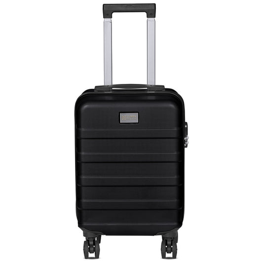 A black hard-shell spinner suitcase with an extended telescoping handle, shown from a front-facing angle on a solid white background.

