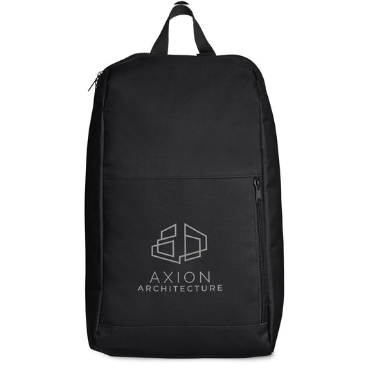 A black fabric backpack with a top carry handle, a main zippered compartment, and a front zippered pocket, shown against a plain white background.

