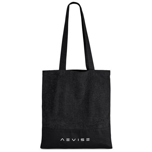 A black corduroy tote bag with long shoulder straps and a white 'AEVISE' logo printed on the bottom front, shown against a plain white background.

